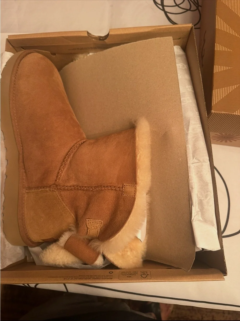 UGG Women Chestnut Suede Shearling Back-Bow Slipper Boot